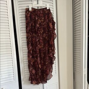 Floral Ruffle Midi Skirt - Burgundy